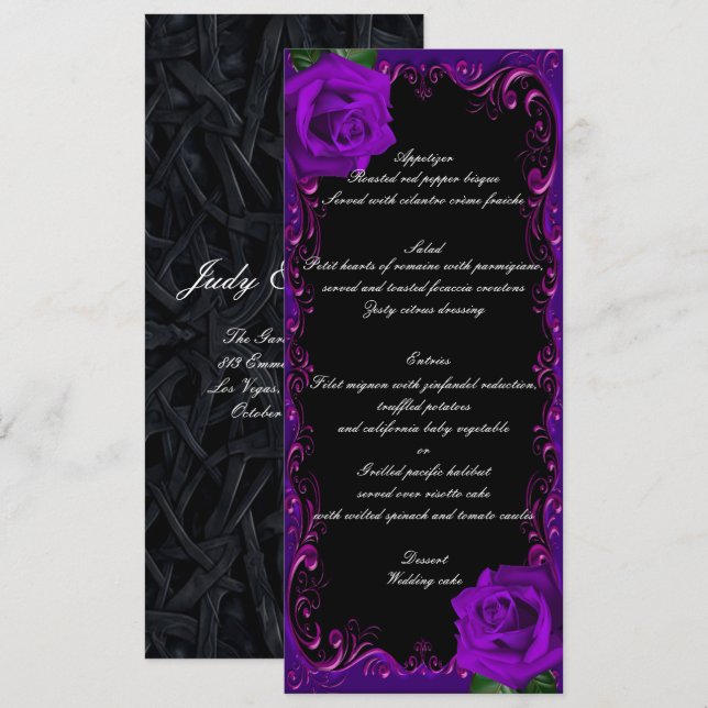 Elegant Goth Purple Roses Wedding Menu (Front/Back)