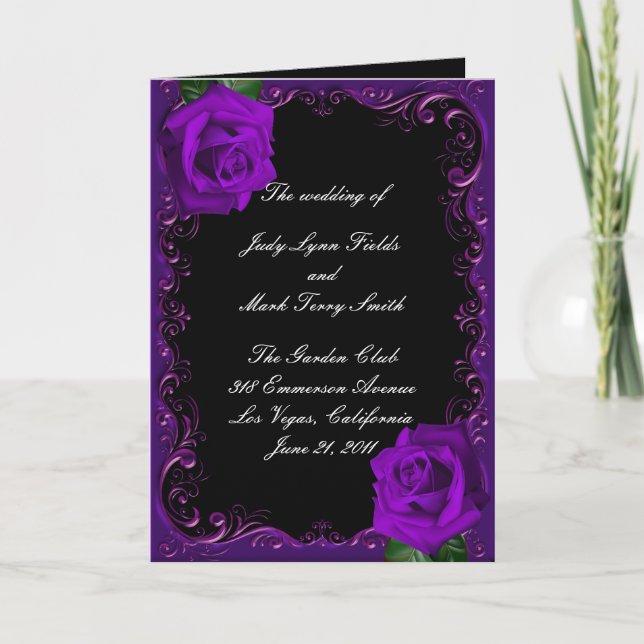 Elegant Goth Purple Roses Wedding Program Card (Front)