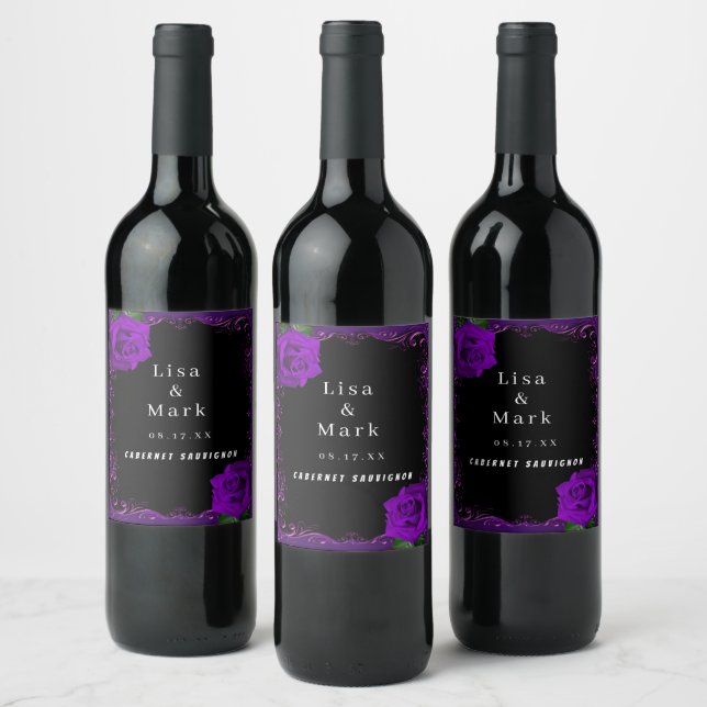 Elegant Goth Purple Roses Wine Labels (Bottles)