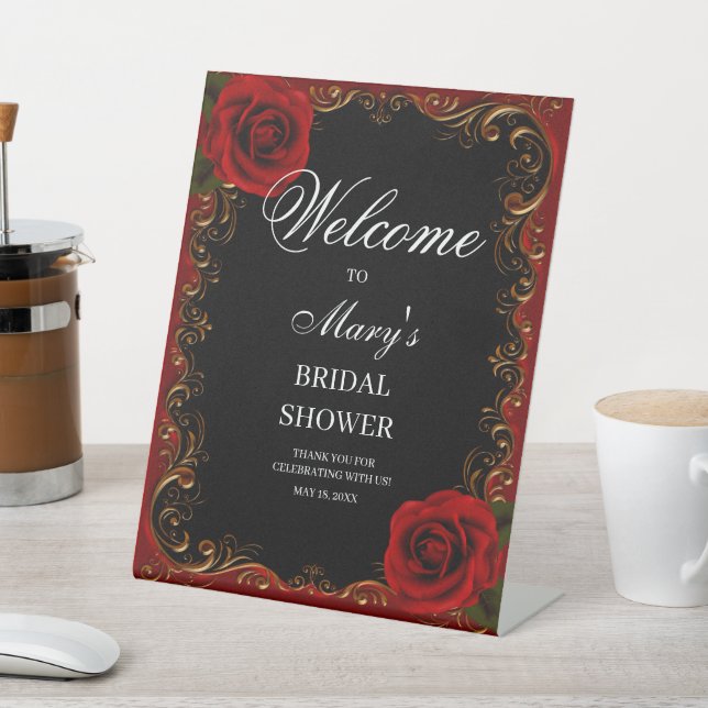 Elegant Goth Red Roses Bridal Shower welcome Pedestal Sign (In SItu)