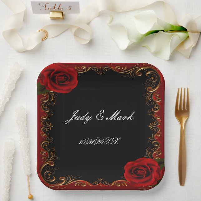 Elegant Goth Red Roses Paper Plate (Wedding)