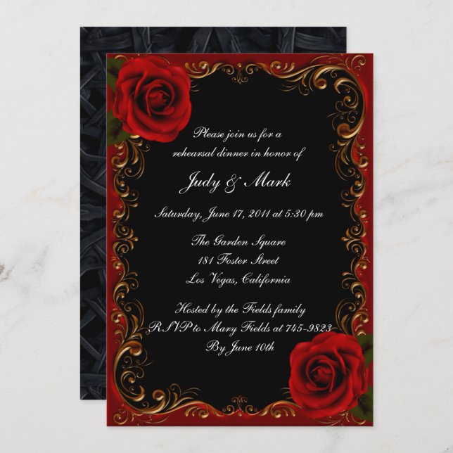 Elegant Goth Red Roses Rehearsal Dinner Invitation (Front/Back)