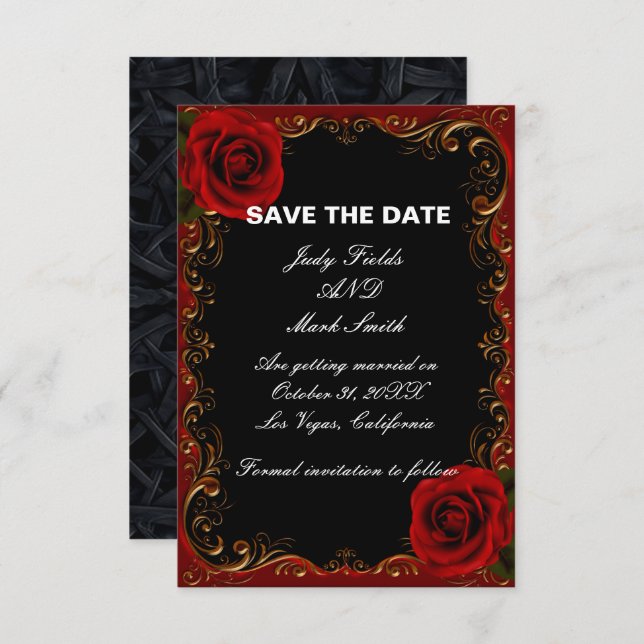Elegant Goth Red Roses Save The Date Card (Front/Back)