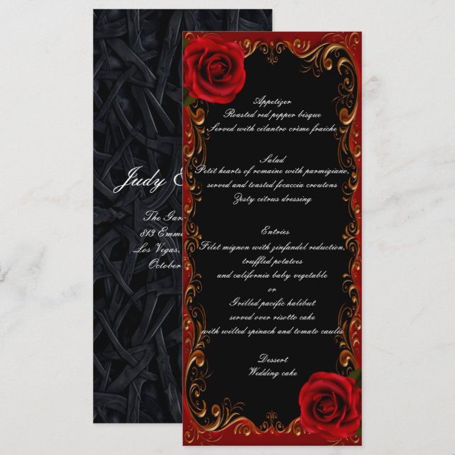 Elegant Goth Red Roses Wedding Menu (Front/Back)