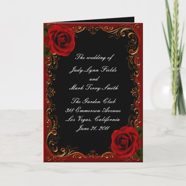 Elegant Goth Red Roses Wedding Program Card (Front)