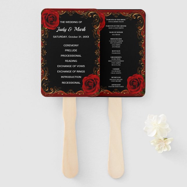 Elegant Goth Red Roses Wedding Program Fans (Front and Back)