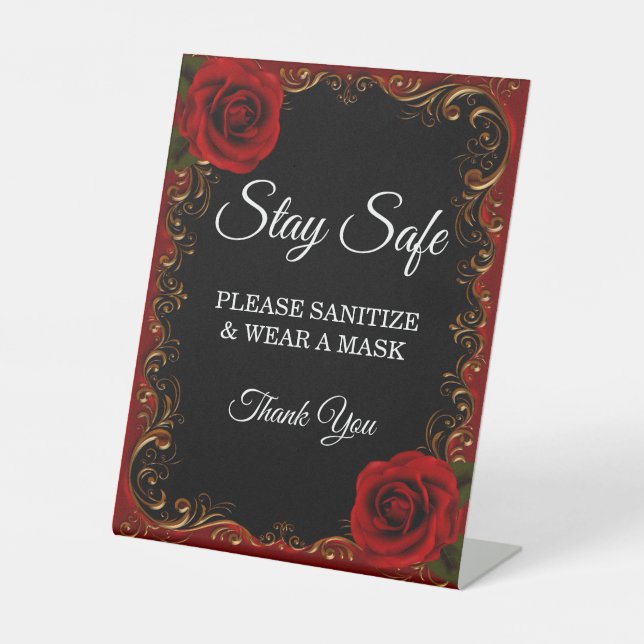 Elegant Goth Red Roses Wedding Safety Measures  Pedestal Sign (Front)
