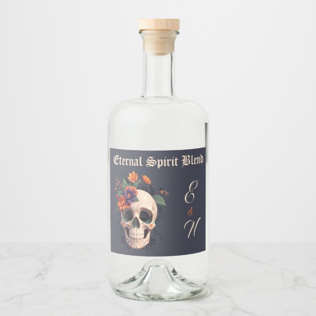 Elegant Gothic 3D Floral Skull Monogram Wedding  Liquor Bottle Label (Front)