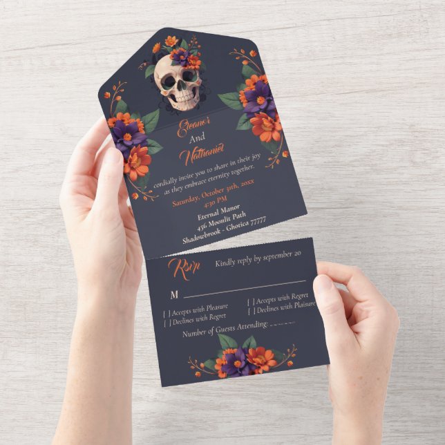 Elegant Gothic 3D Floral Skull wedding All In One Invitation (Tearaway)