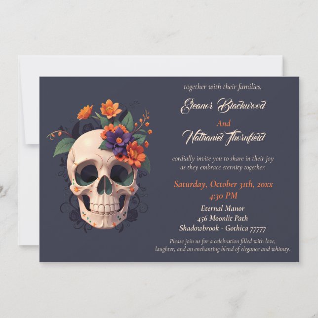  Elegant Gothic 3D Floral skull Wedding Invitation (Front)