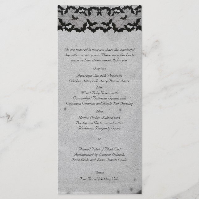Elegant Gothic Bat Lace Posh Wedding Menu (Front)