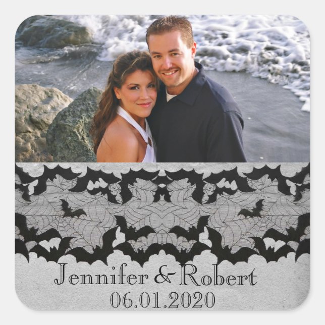Elegant Gothic Bat Lace Wedding Favour Sticker (Front)