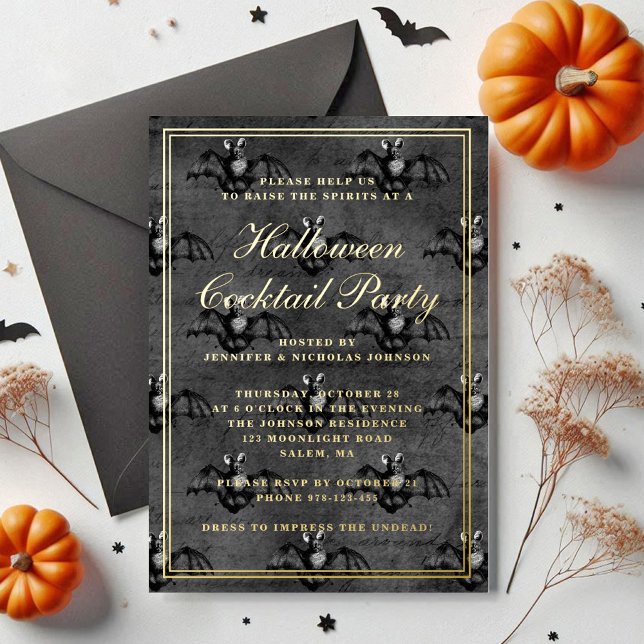 Elegant Gothic Bats Halloween Cocktail Party Gold (Elegant Gothic Bats Halloween Cocktail Party Gold Foil Invitation)