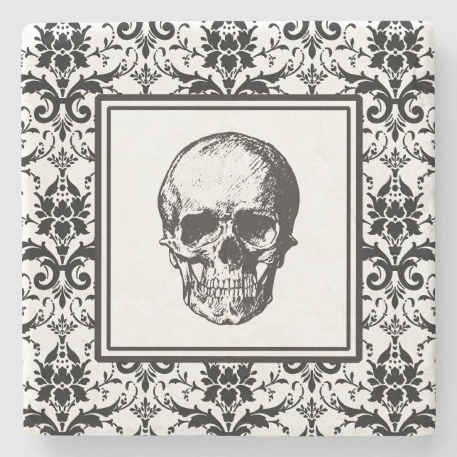 Elegant Gothic Black And White Skull Damask  Stone Coaster (Front)