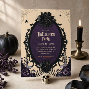 Elegant Gothic Black Floral Adult Halloween Party  Invitation