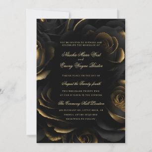 Elegant Gothic Black & Gold Roses Wedding Invitation