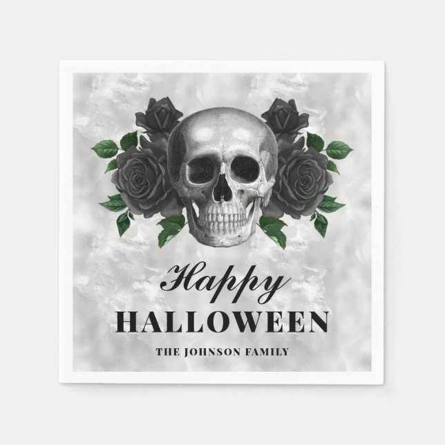 Elegant Gothic Black Roses & Skull Happy Halloween Napkin (Front)
