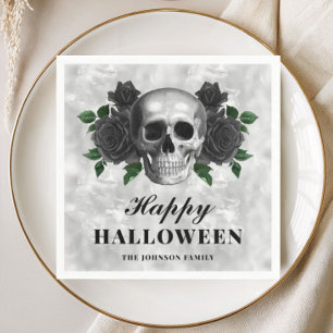 Elegant Gothic Black Roses & Skull Happy Halloween Napkin