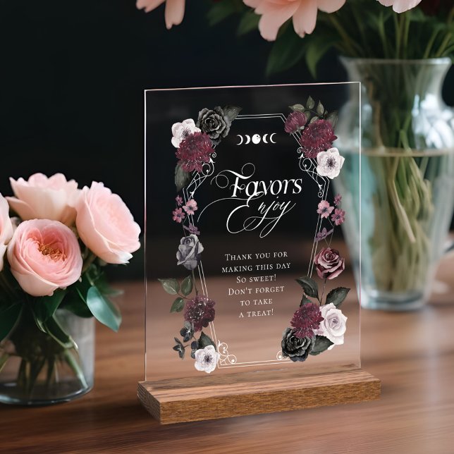Elegant Gothic Black Watercolor Floral Favours Acrylic Sign (Elegant Gothic Black Watercolor Floral Favors Acrylic Sign)
