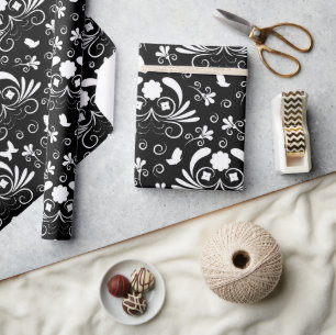 Elegant Gothic Damask Black Floral Butterfly Wrapping Paper