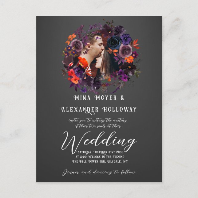 Elegant Gothic Dark Floral Photo QRC Wedding Postcard (Front)