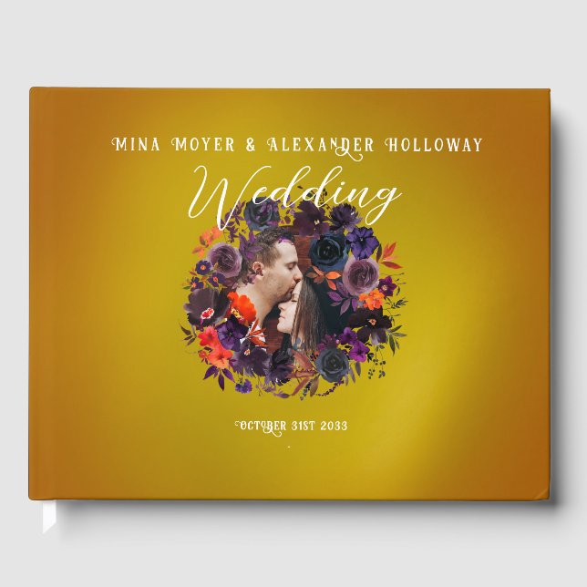 Elegant Gothic Dark Floral Photo Wedding Guest Book (Front)