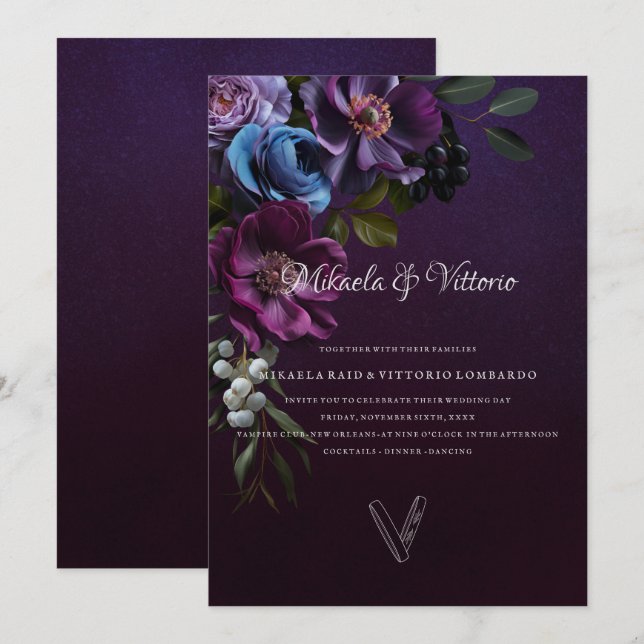Elegant Gothic Dark Flower Wedding Invitation (Front/Back)