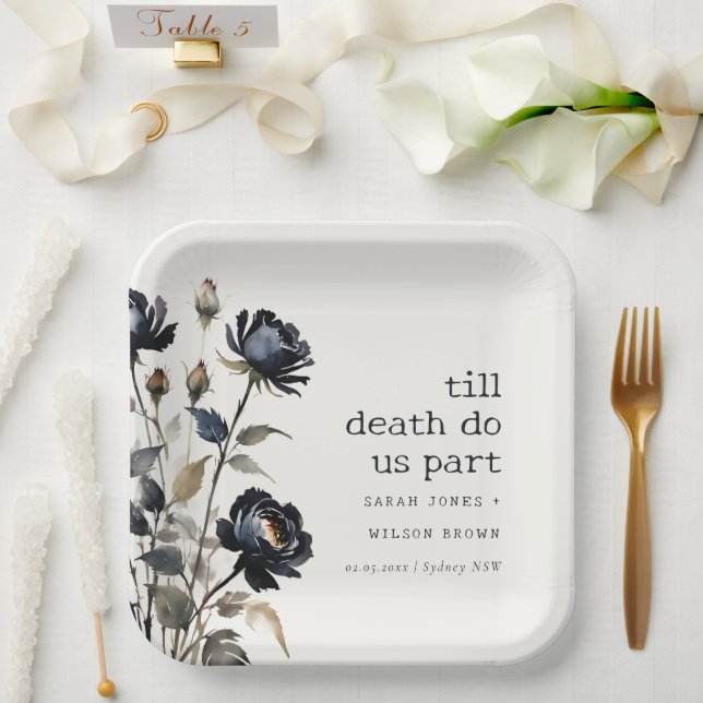Elegant Gothic Dark Watercolor Black Rose Wedding Paper Plate (Wedding)