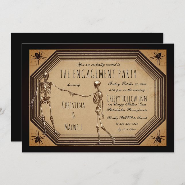 Elegant Gothic Deco Skeletons Engagement Party Inv Invitation (Front/Back)