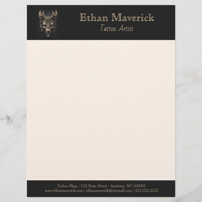 Elegant Gothic Fantasy Wolf Skull Black and Gold Custom Letterhead (Front)