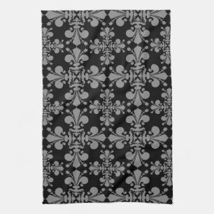 Elegant gothic fleur de lis damask black and grey tea towel