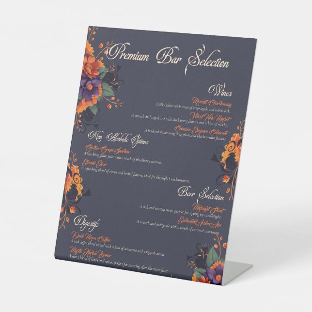 Elegant Gothic Floral Drinks Menu  Pedestal Sign (Front)