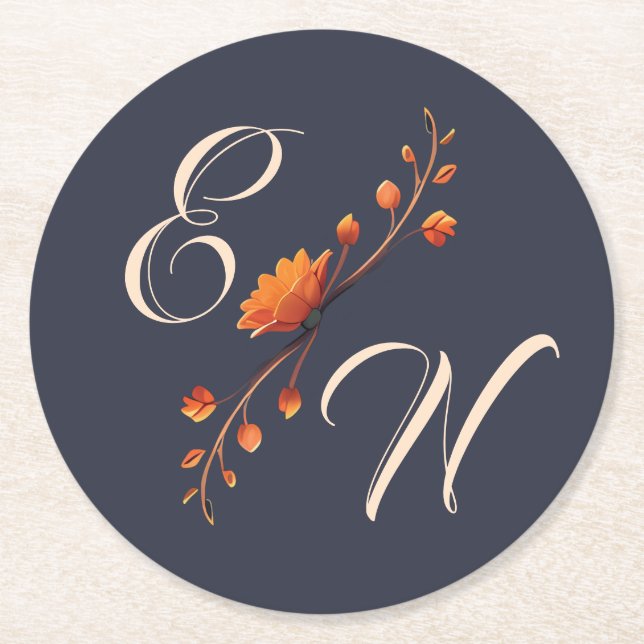 Elegant Gothic Floral Minimal Monogram Wedding  Round Paper Coaster (Front)