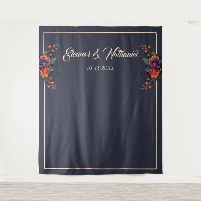 Elegant Gothic Floral Minimalist Wedding Backdrop Tapestry (Front)