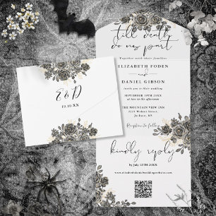 Elegant Gothic Floral Roses QR Code Wedding All In One Invitation