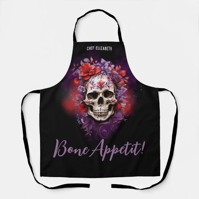 Elegant Gothic Floral Skull Halloween  Apron (Front)