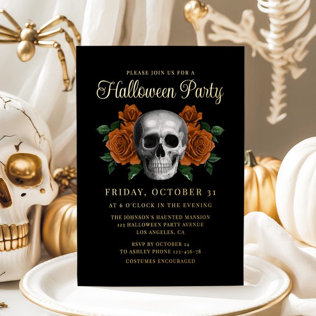 Elegant Gothic Floral Skull Halloween Gold (Elegant Gothic Floral Skull Halloween Gold Foil Invitation)