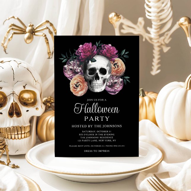 Elegant Gothic Floral Skull Halloween Invitation (Elegant Gothic Floral Skull Halloween Invitation)