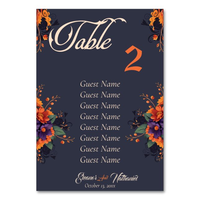 Elegant Gothic Floral table number with names card (Front)