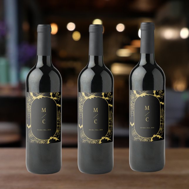 Elegant Gothic Floral Wedding Black Gold Wine Label (Creator Uploaded)