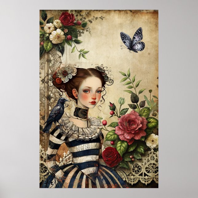 Elegant Gothic Girl & Raven In Rose Garden Poster (Front)