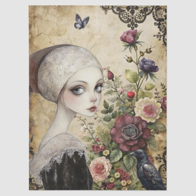 Elegant Gothic Girl & Raven In Rose Garden  Tissue Paper (Front)