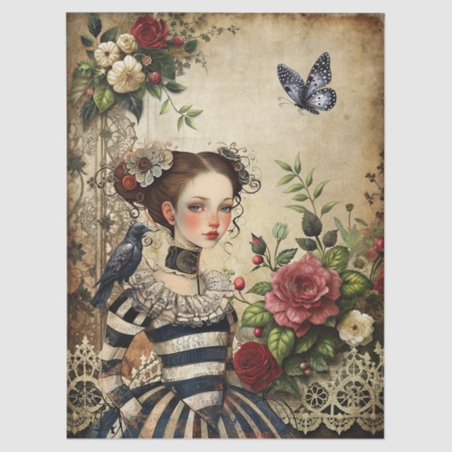 Elegant Gothic Girl & Raven In Rose Garden  Tissue Paper (Front)