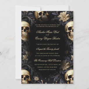 Elegant Gothic Gold Skulls & Flowers Wedding Invitation