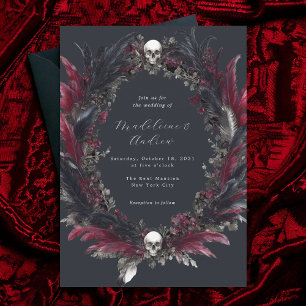 Elegant Gothic Gray Red Feather Wreath Wedding Invitation