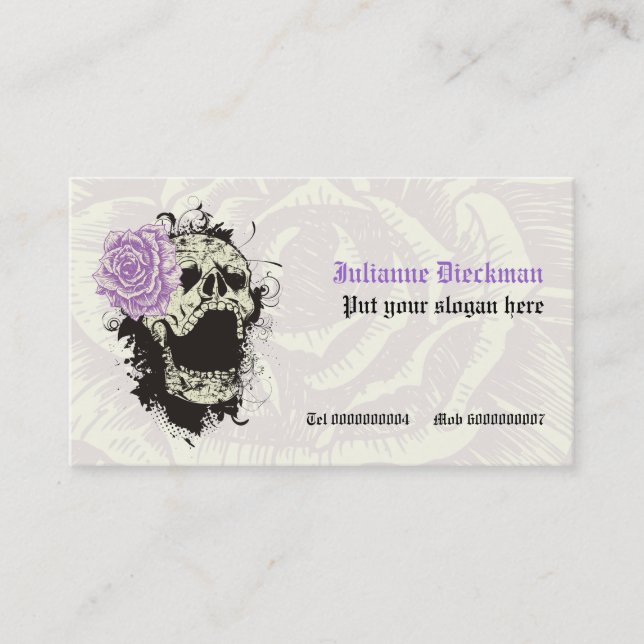 Elegant gothic grunge skull and purple rose custom business card (Front)