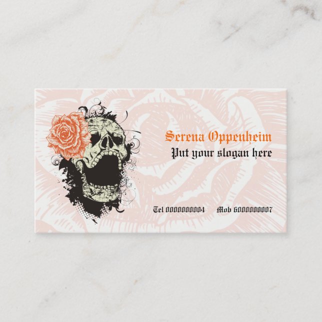 Elegant gothic grunge skull & orange rose custom business card (Front)