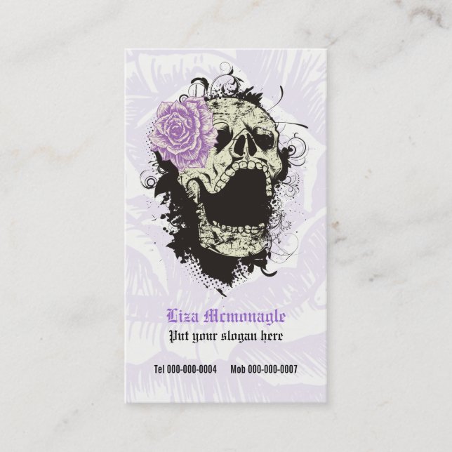 Elegant gothic grunge skull & purple rose custom business card (Front)
