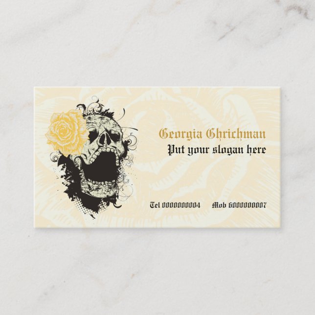 Elegant gothic grunge skull & yellow rose custom business card (Front)