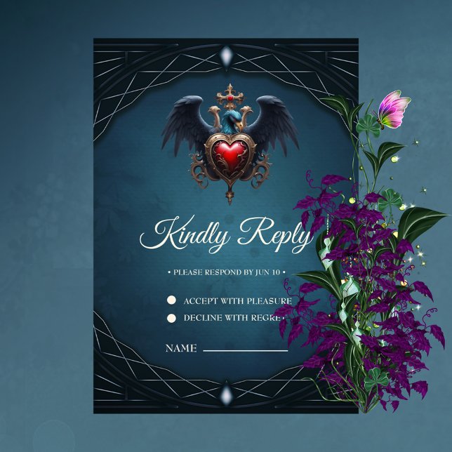 Elegant Gothic heart with fantasy bird.  RSVP Card (Creator Uploaded)